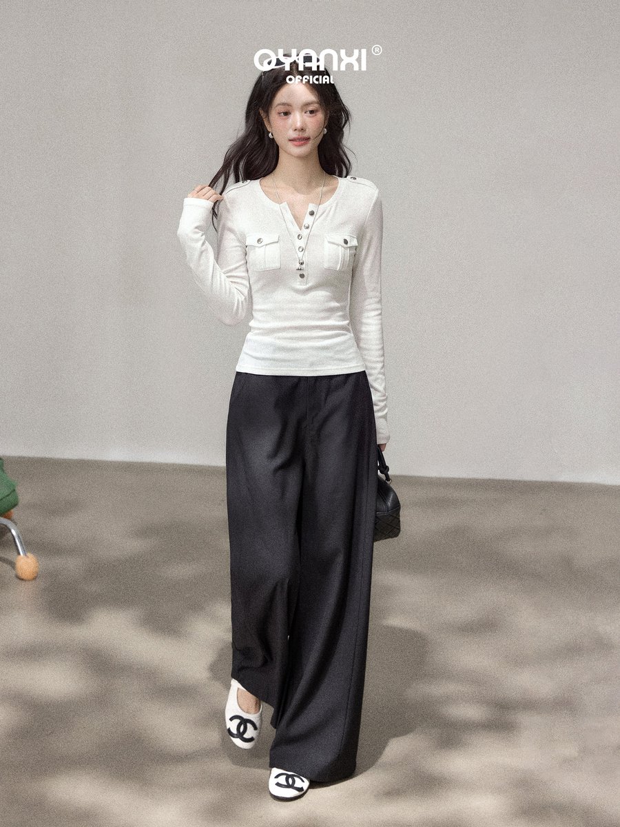 OYANXI ヘンリーネック ハーフオープン ウエストシェイプ 長袖Tシャツ