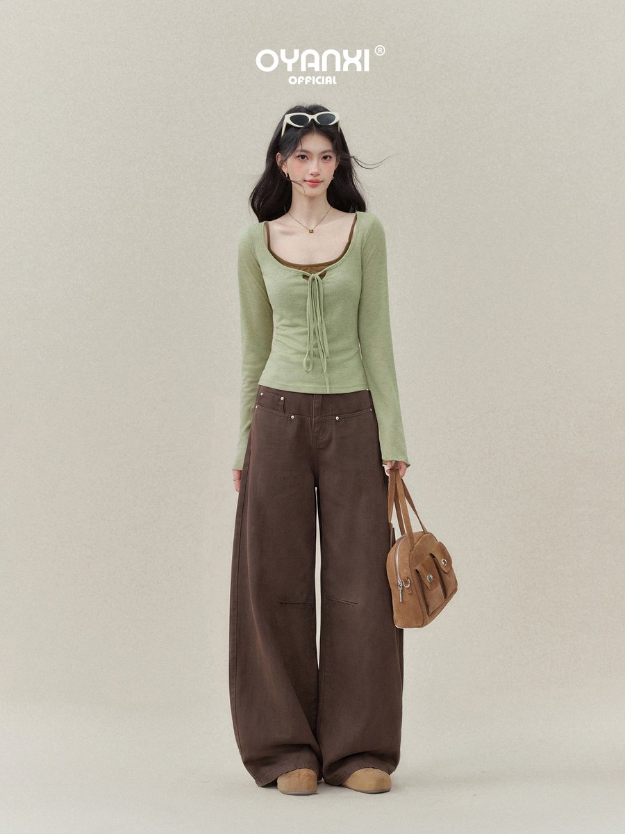 OYANXI ハイウエスト ワイド ロング丈デニムパンツ