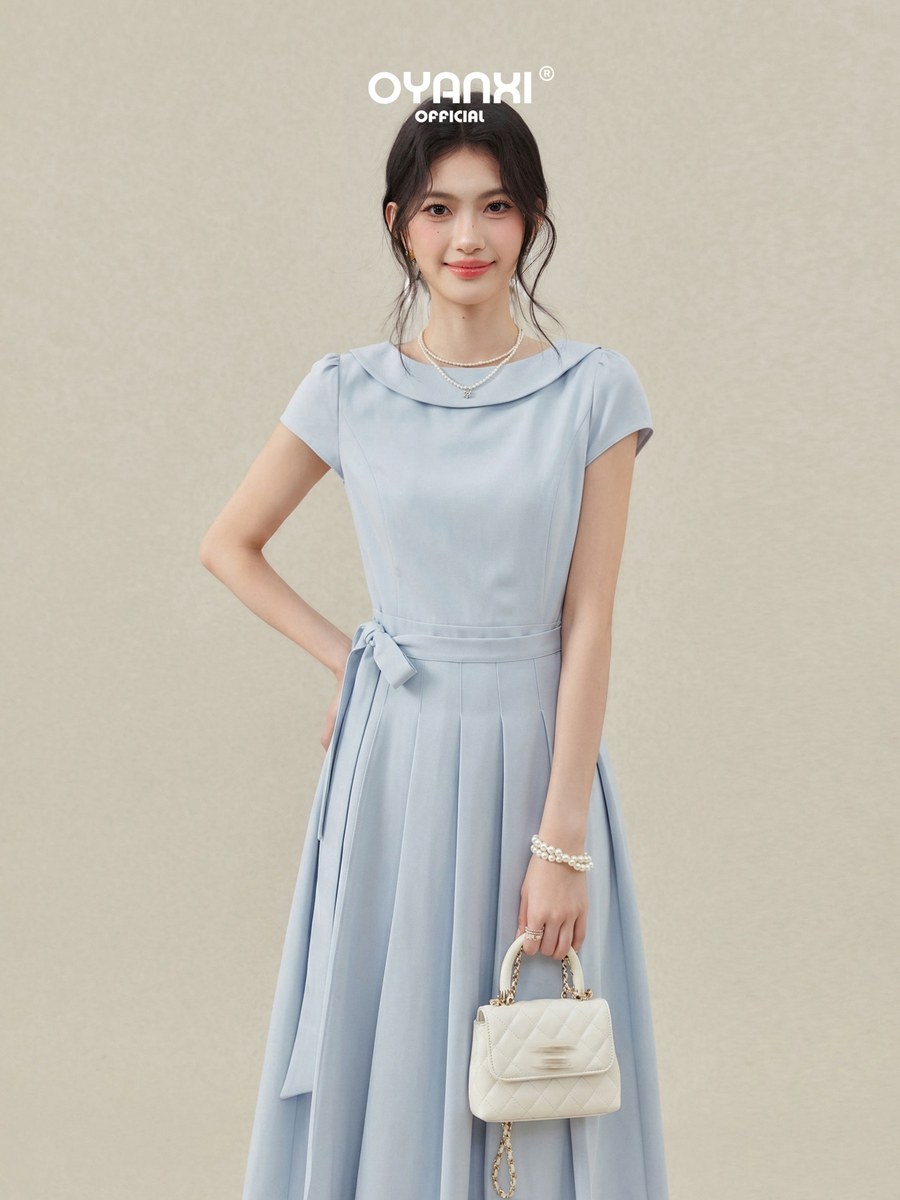 OYANXI フレンチスリーブ クルーネック Aライン ロングワンピース
