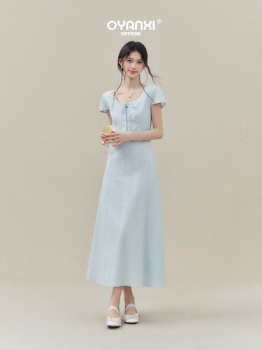 OYANXI Uネック レーストリム フリルスリーブ ワンピース