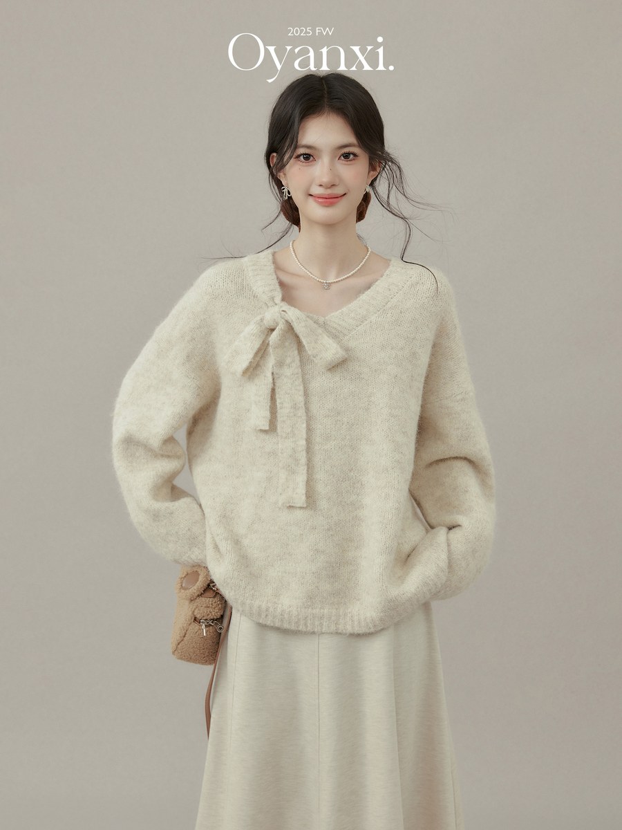 OYANXI リボンタイ Vネック 厚手プルオーバーニット