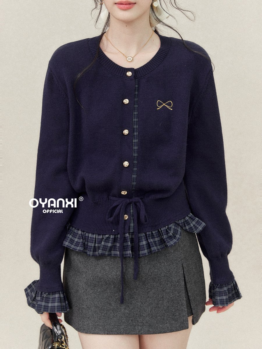 OYANXI フェイクレイヤード パールボタン ニットカーディガン
