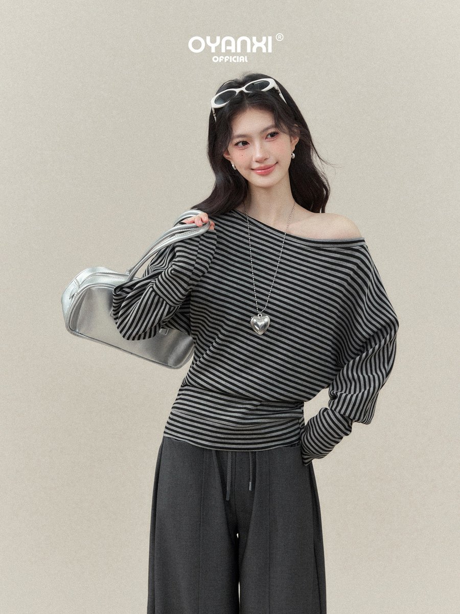 OYANXI ボーダー アシンメトリーネック 長袖Tシャツ