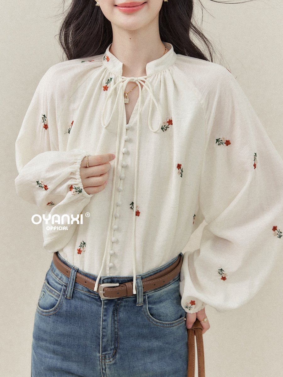OYANXI 刺繍 Vネック バルーンスリーブ シャツ