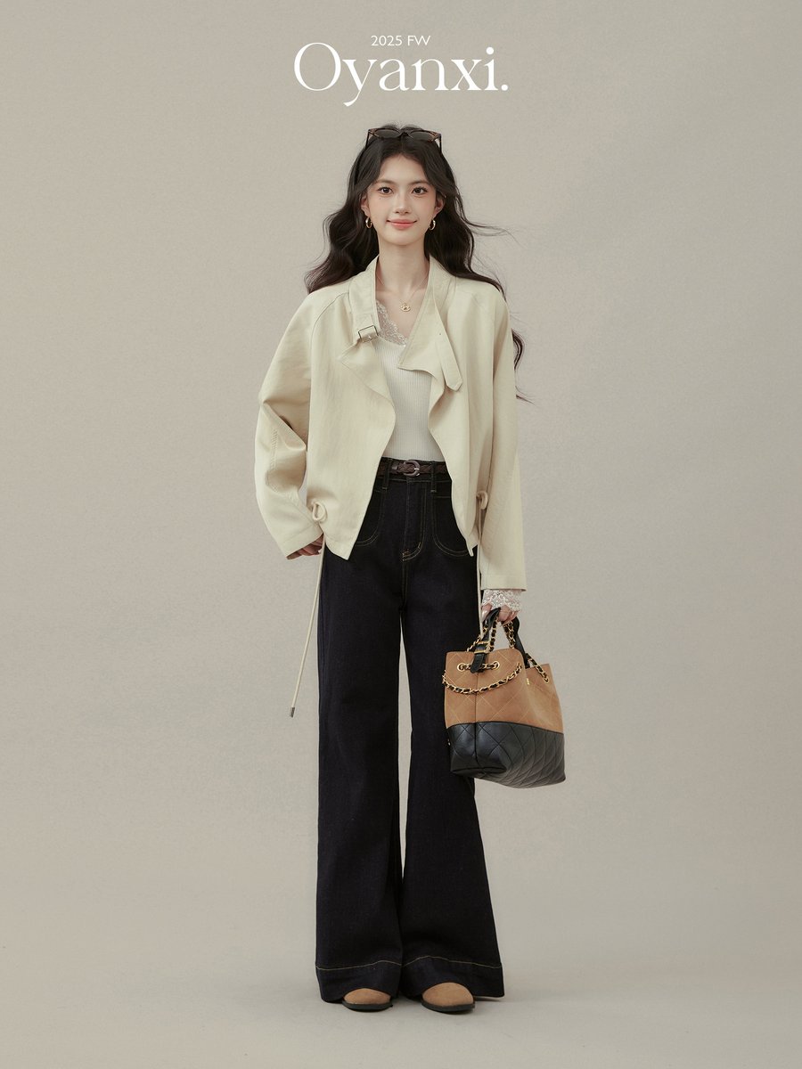 OYANXI ハイウエスト ストレートセミフレア デニムパンツ
