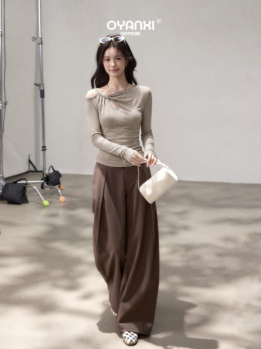 OYANXI アシンメトリーネック ギャザー 長袖Tシャツ