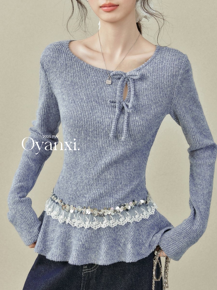 OYANXI レース切り替え リボン ニット長袖Tシャツ ブルー