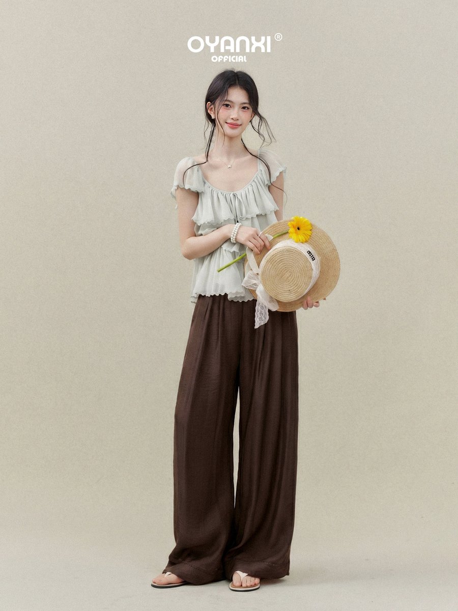 OYANXI リラックス ストレート ワイドパンツ ブラウン