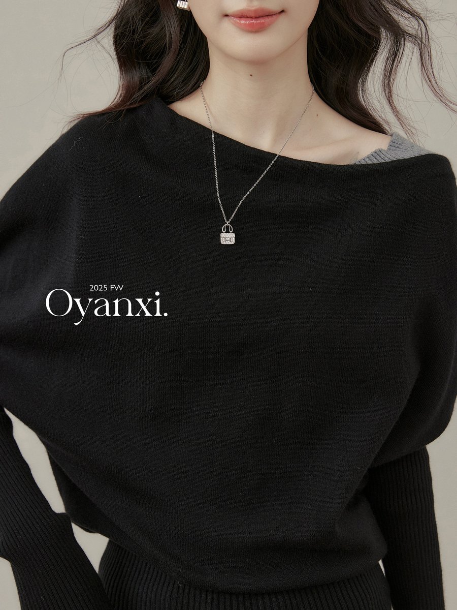 OYANXI 斜めネック 配色切り替え ニットトップス