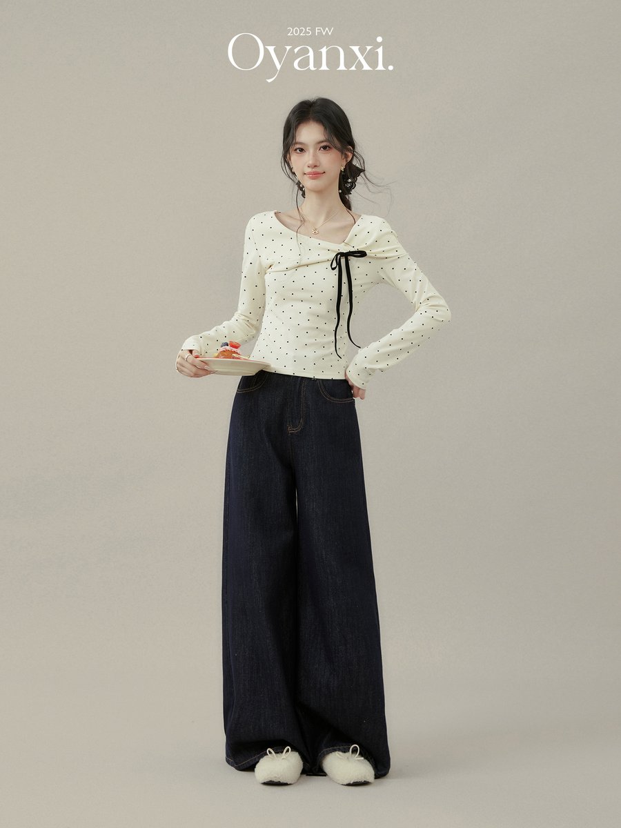 OYANXI ドット柄 リボン付き 長袖Tシャツ