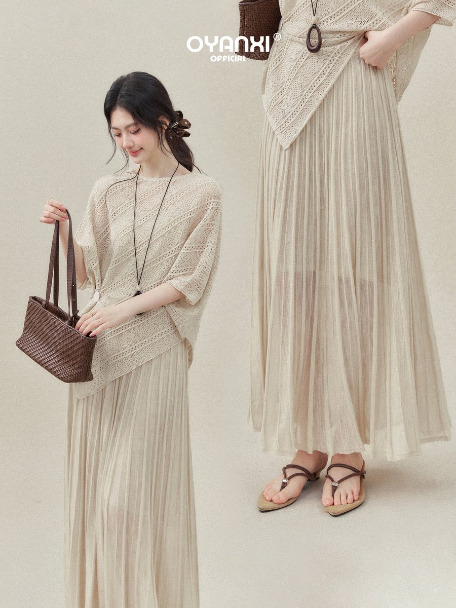 OYANXI 透かし編み アシンメトリーヘム トップス＆スカート セットアップ
