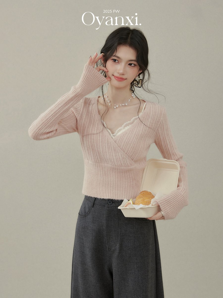 OYANXI すっきりシルエット 長袖ニット ピンク