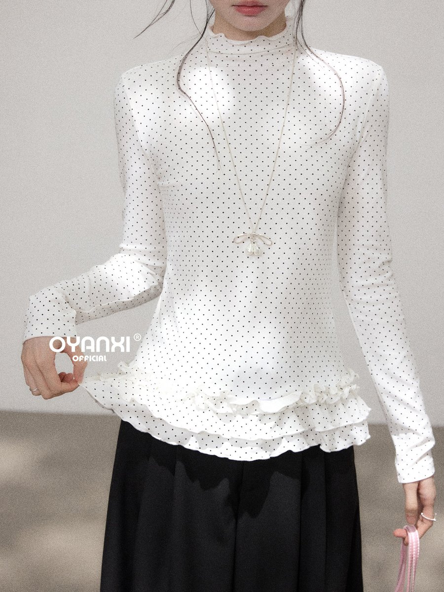 OYANXI ドット柄 ハイネック フリル裾 長袖Tシャツ