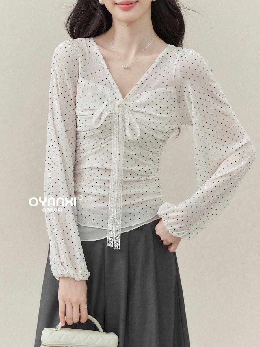 OYANXI ドット柄 レース Vネック サイドタック Tシャツ