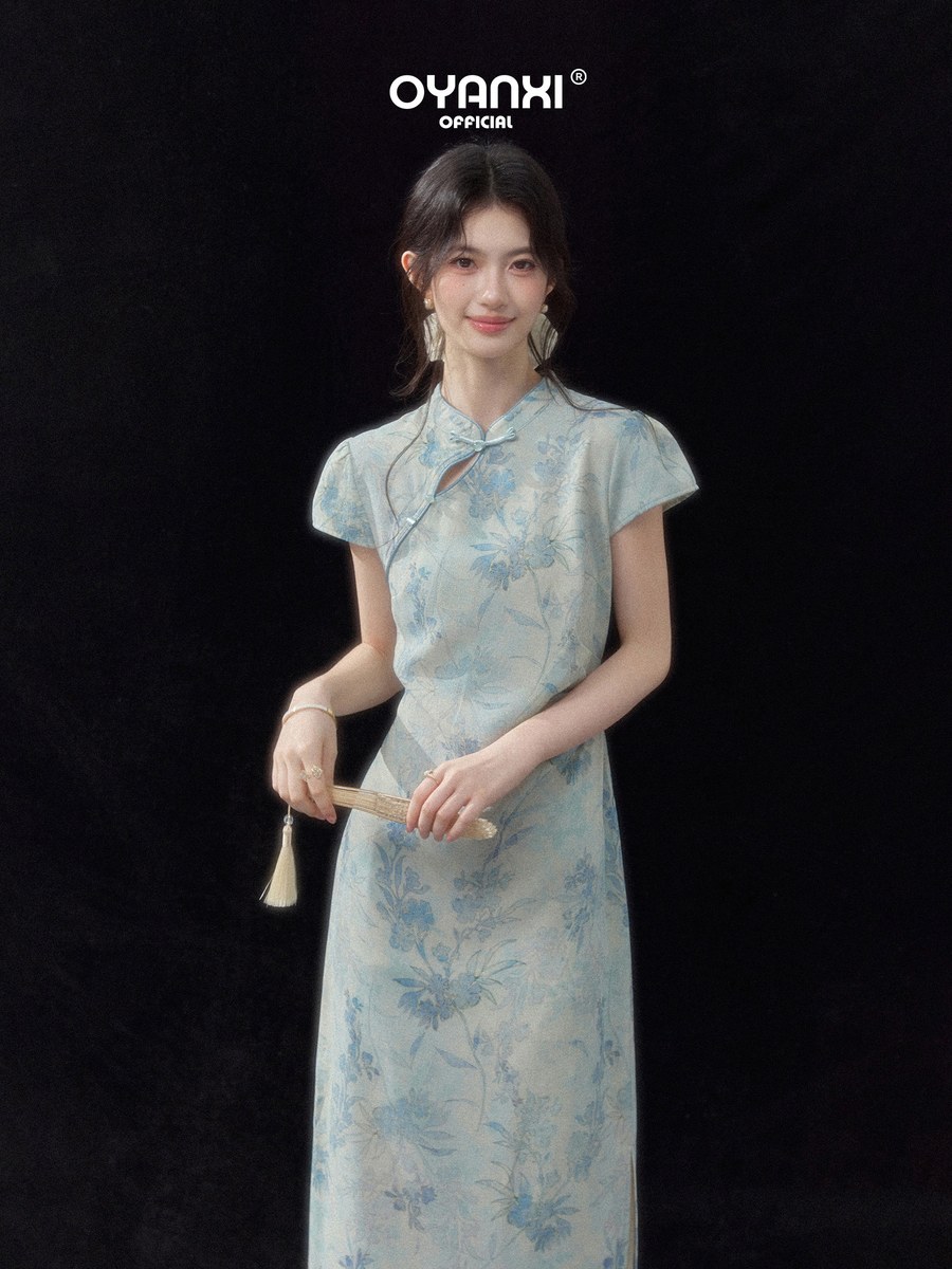OYANXI 水墨花柄 チャイナドレス風 半袖ワンピース