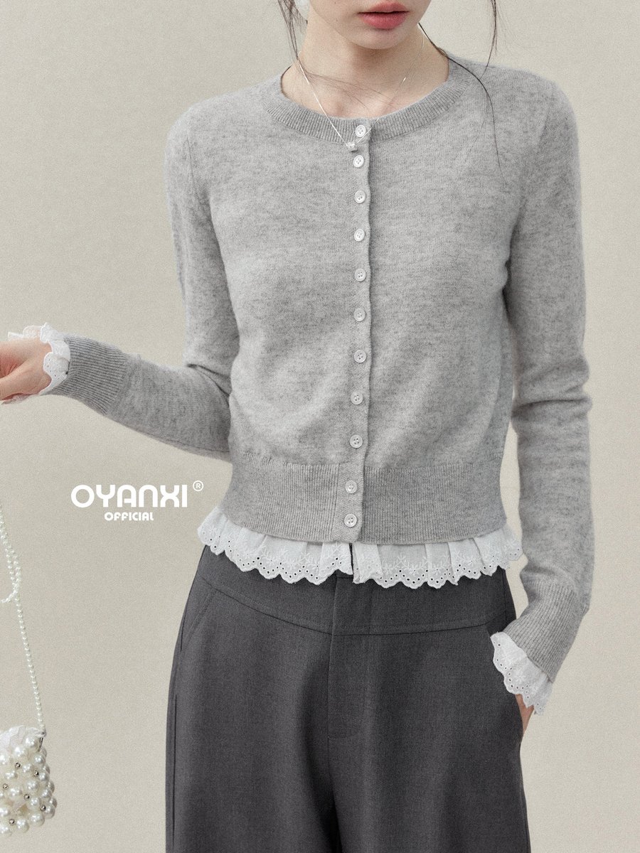 OYANXI レース袖口 フェイクレイヤード 長袖ニットトップス