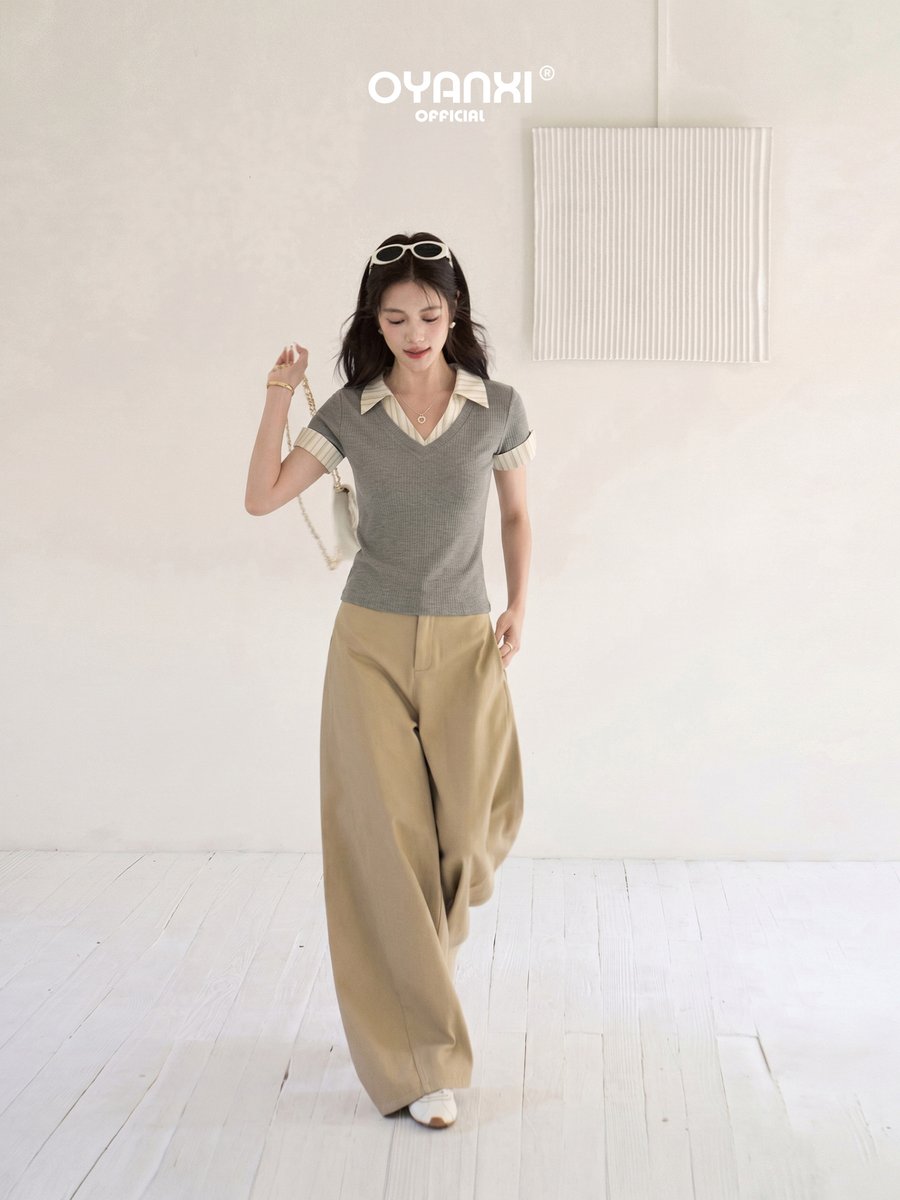 OYANXI 襟付き フェイクレイヤード ショート丈 半袖Tシャツ