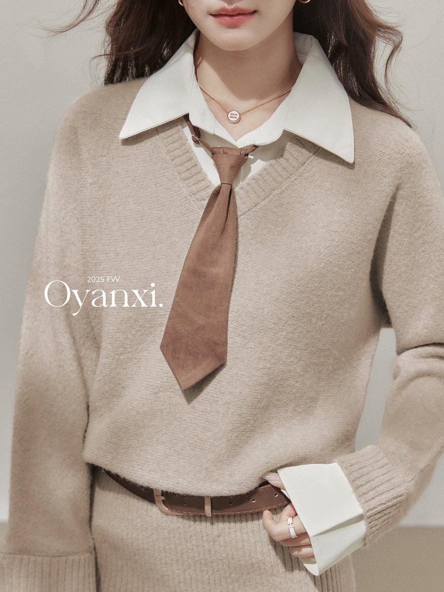 OYANXI フェイクレイヤード シャツカラー ニットワンピース