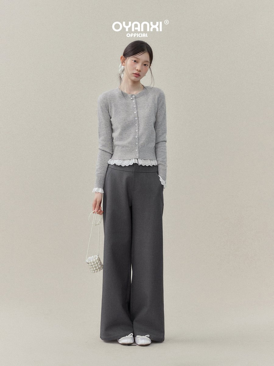 OYANXI レース袖口 フェイクレイヤード 長袖ニットトップス