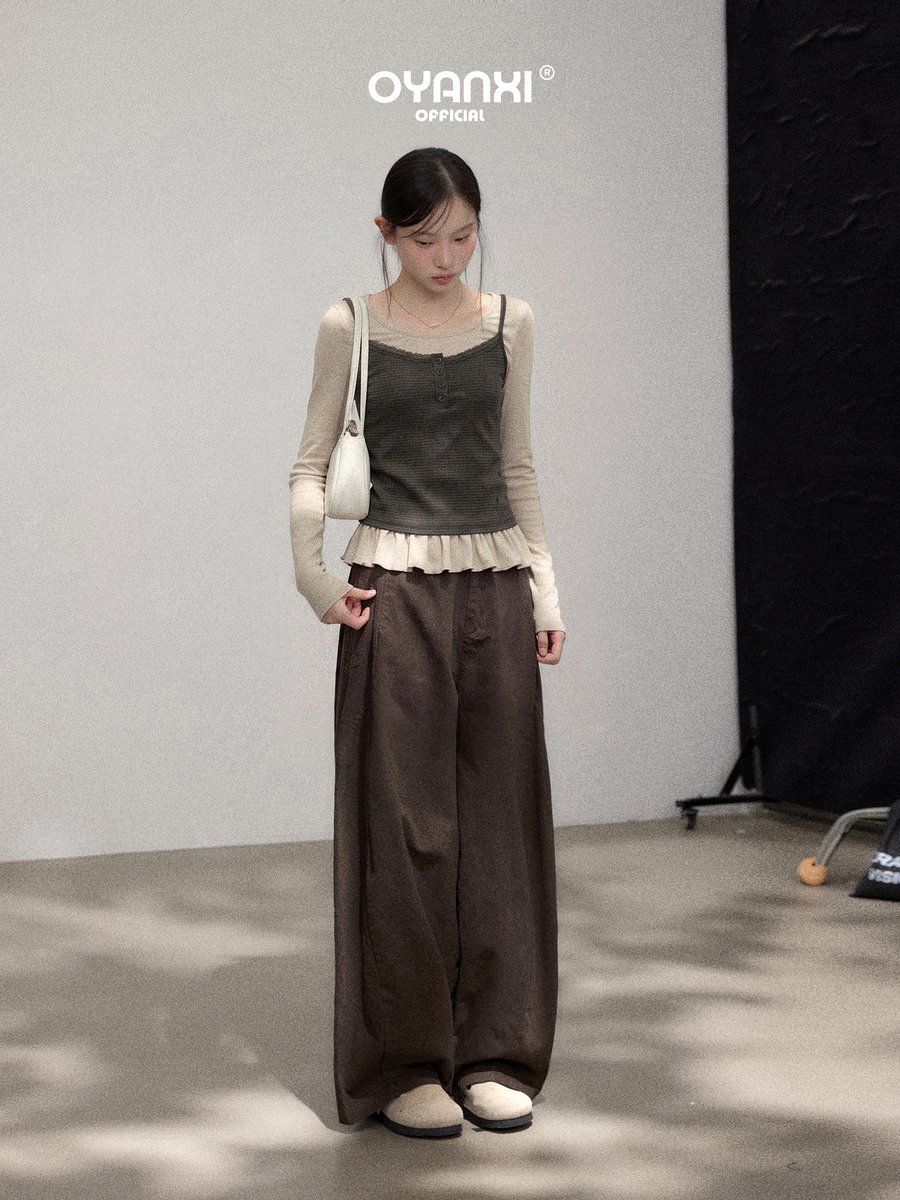 OYANXI 配色切り替え フェイクレイヤード フリル裾 長袖Tシャツ