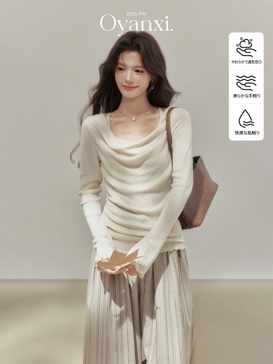 OYANXI フェイクレイヤード ドレープネック ニット