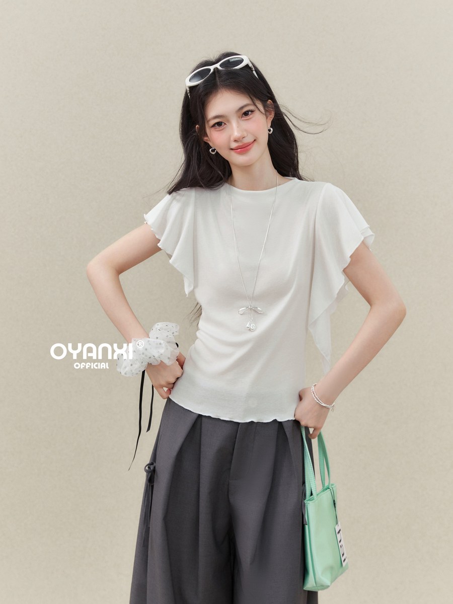 OYANXI フリルスリーブ スリムシルエット 半袖Tシャツ