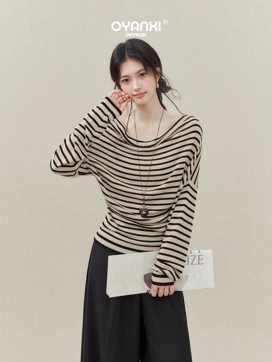 OYANXI ボーダー ドレープネック ニットトップス