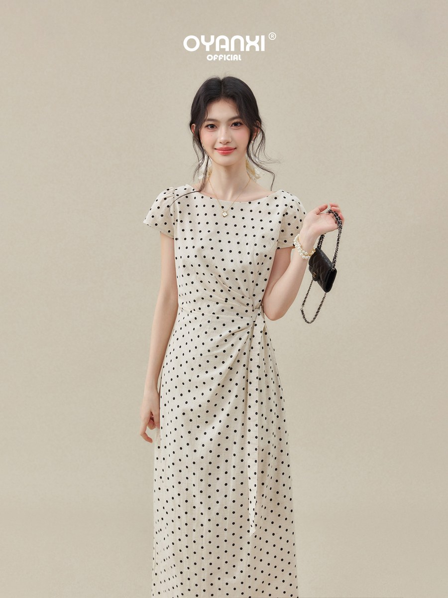 OYANXI ドット柄 クルーネック 半袖ロングワンピース