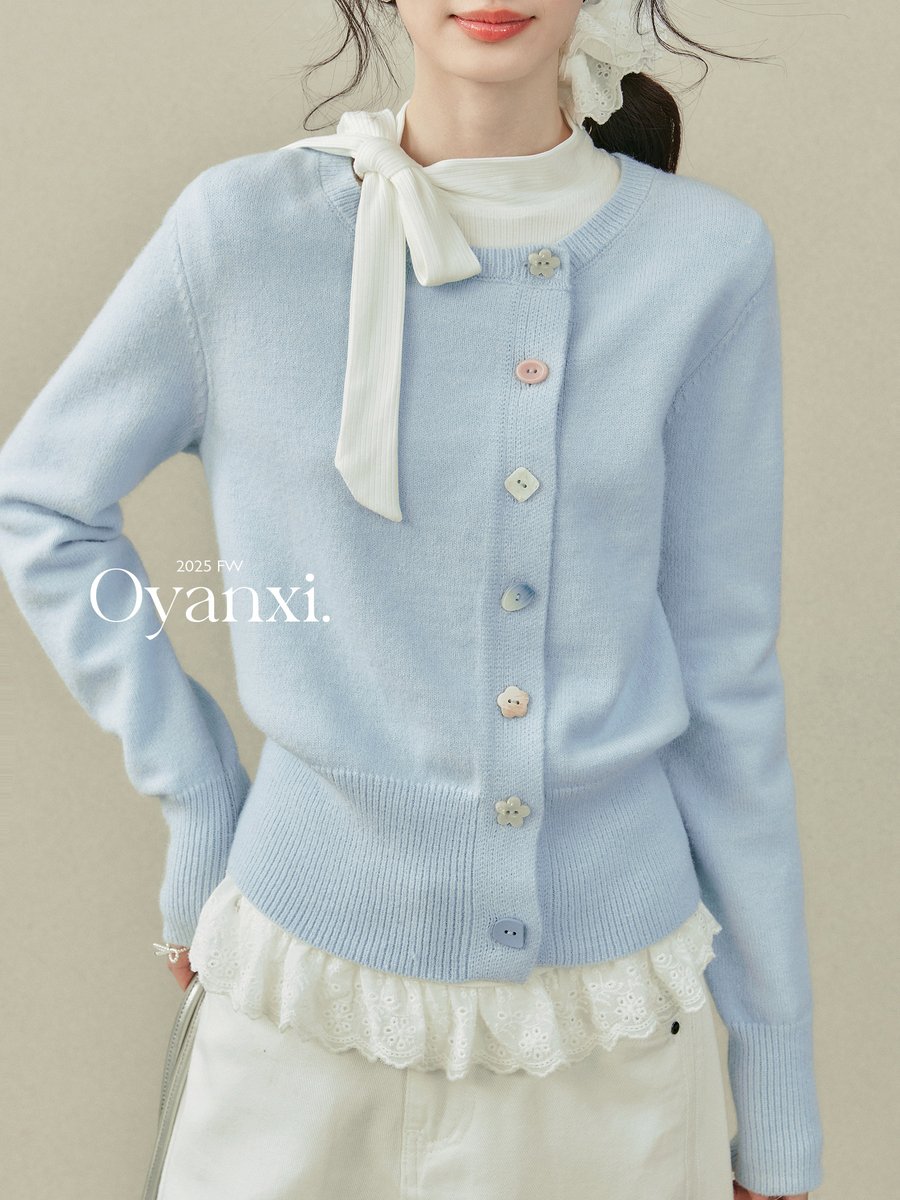 OYANXI 長袖ニットカーディガン ブルー