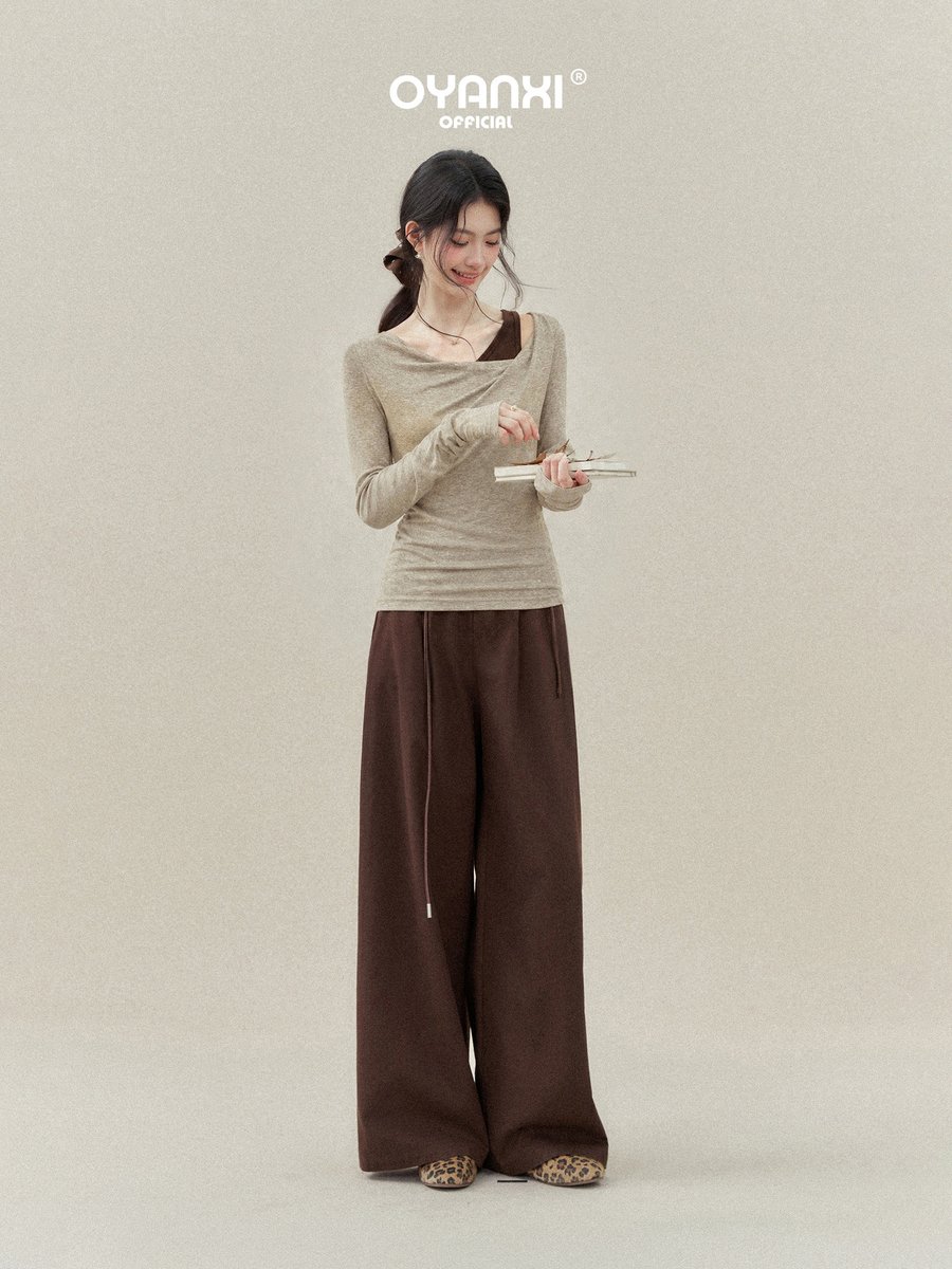 OYANXI タートルネック 斜めショルダー フェイクレイヤード 長袖ニット