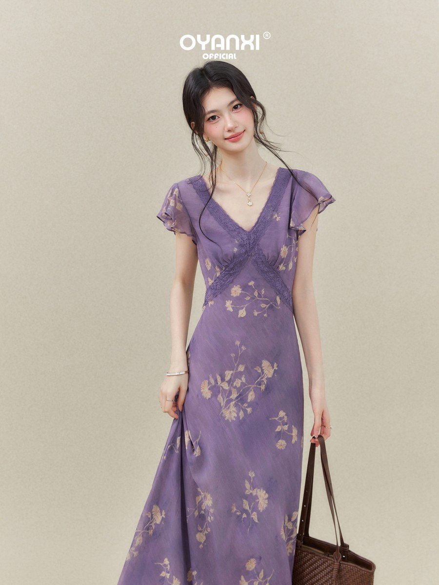 OYANXI 小花柄 フリルスリーブ Vネック ロングワンピース