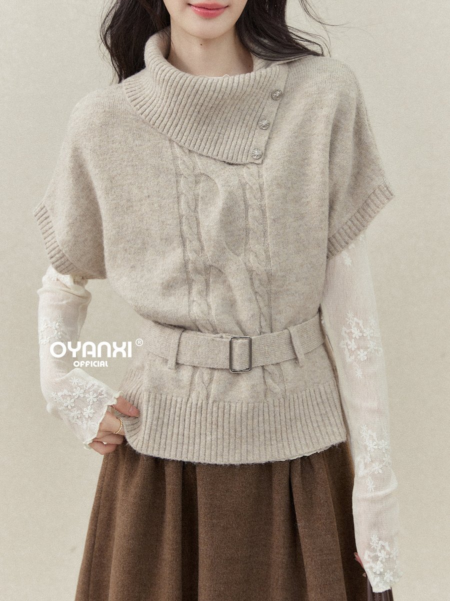 OYANXI ハーフハイネック ベルト付き ゆったり半袖ニット