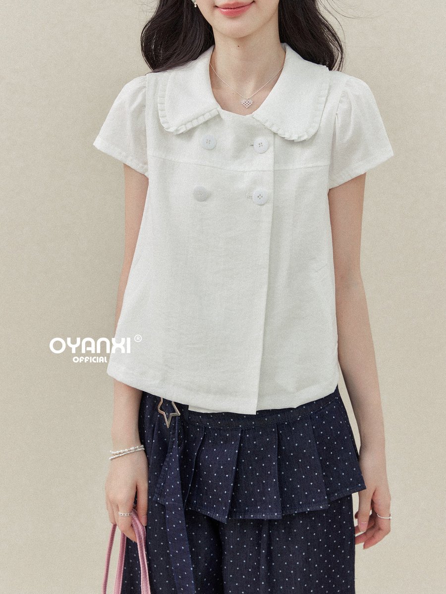 OYANXI 重ね襟 丸ボタン パフスリーブ 半袖シャツ