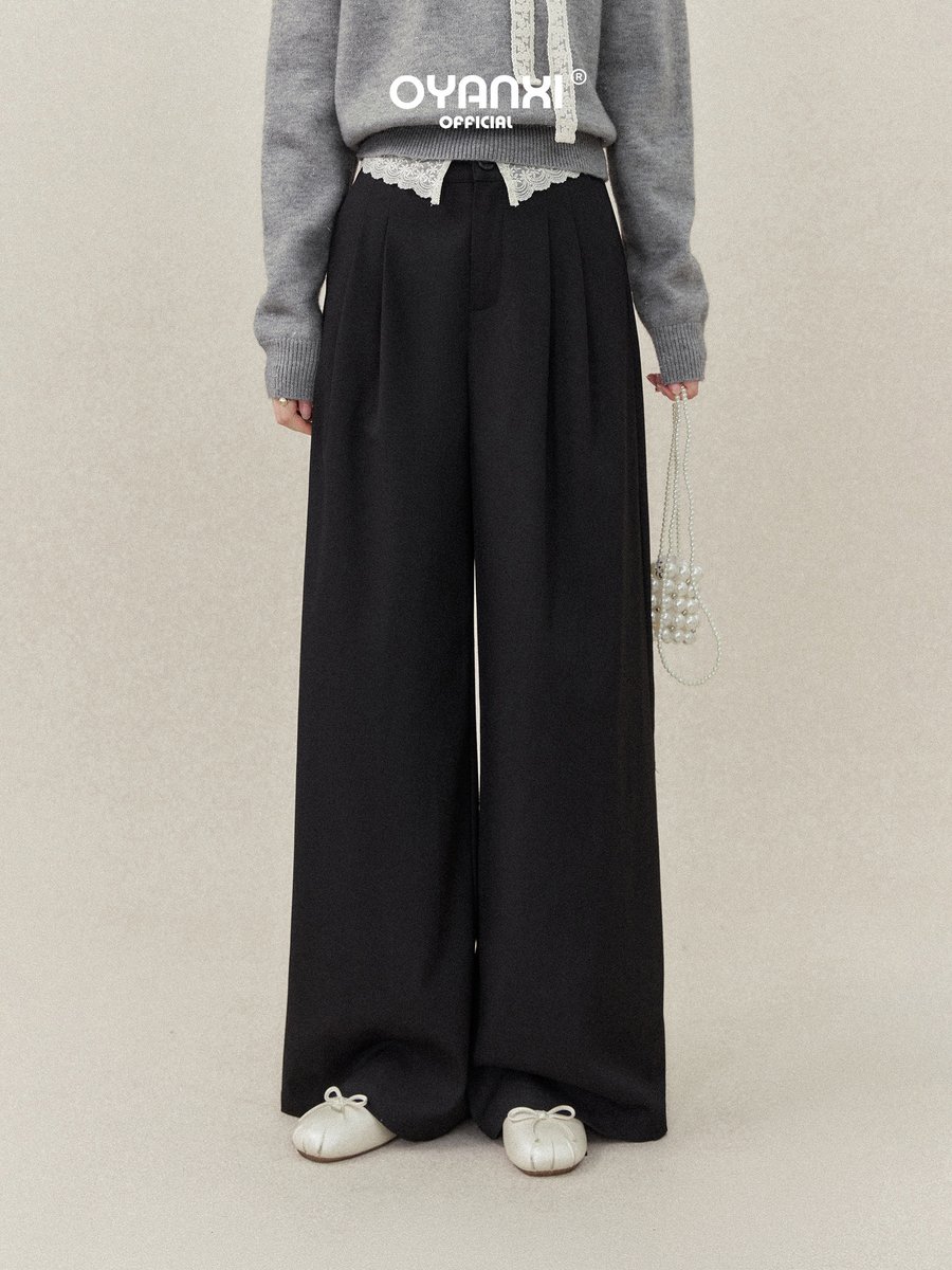 OYANXI レースウエスト タック入り とろみ ハイウエストワイドパンツ