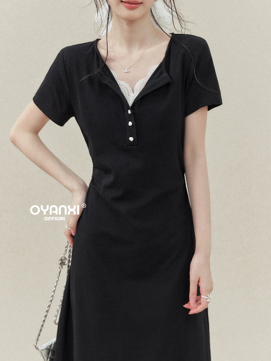 OYANXI フェイクレイヤード Vネック 半袖Aラインワンピース