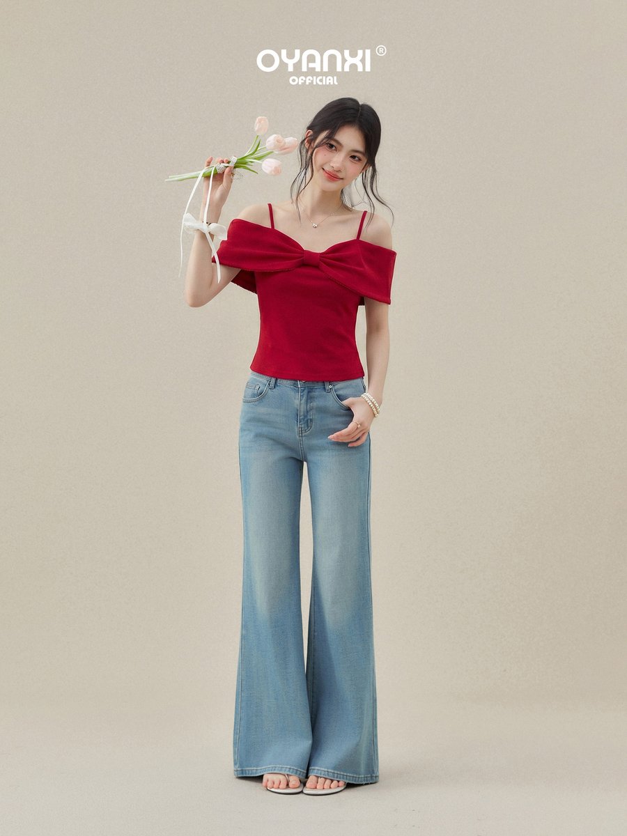 OYANXI リボン オフショルダー スリム 半袖Tシャツ