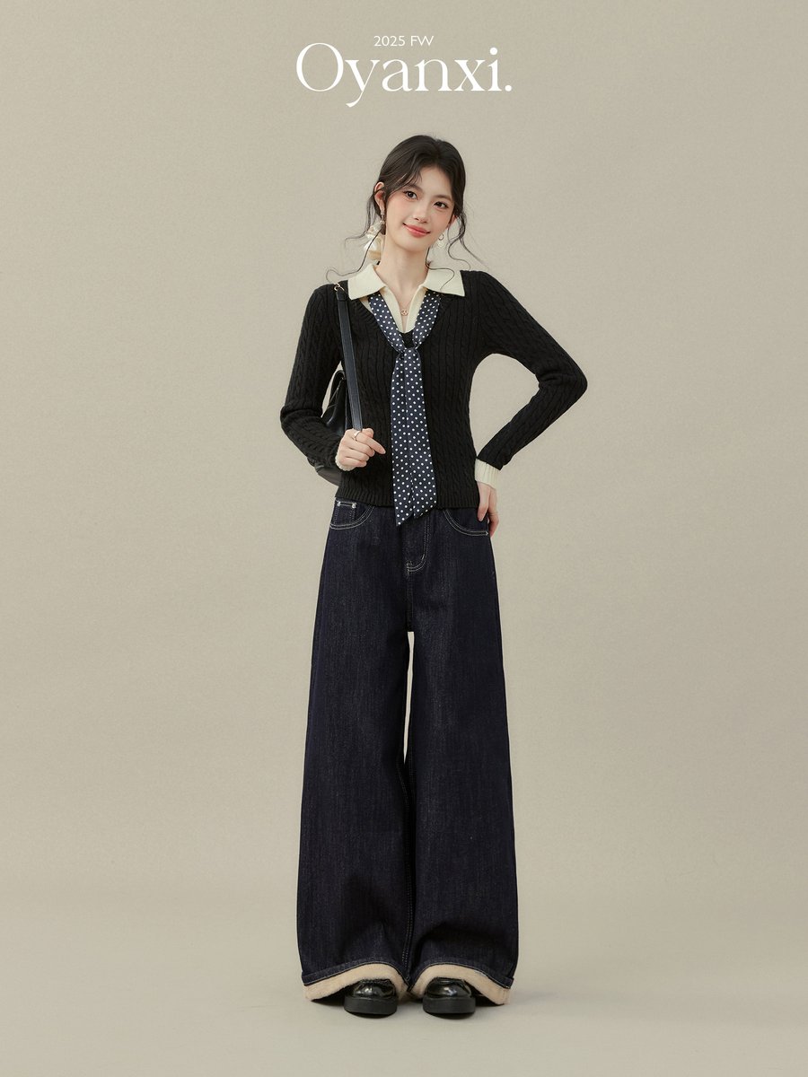 OYANXI ポロカラー フェイクレイヤード 長袖ニットトップス