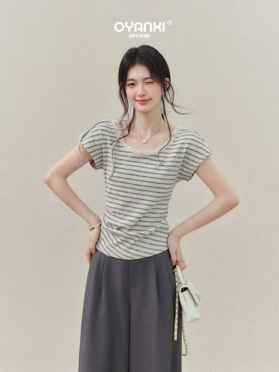 OYANXI ストライプ レーストリム クルーネック 半袖Tシャツ