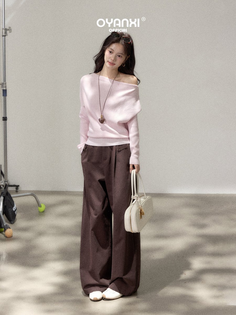 OYANXI 斜めネック オフショルダー スリム 長袖ニット