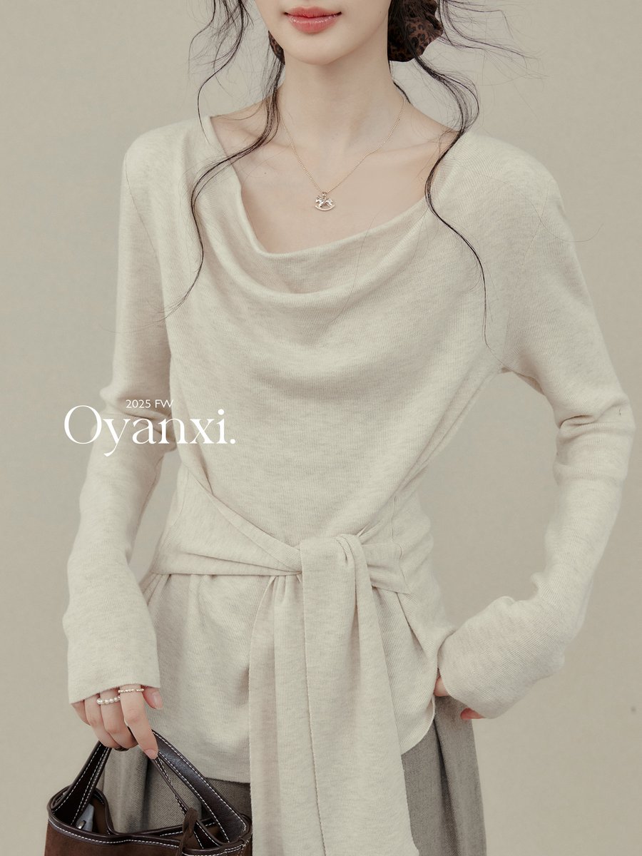 OYANXI ドレープネック アシンメトリー リボン ニットトップス