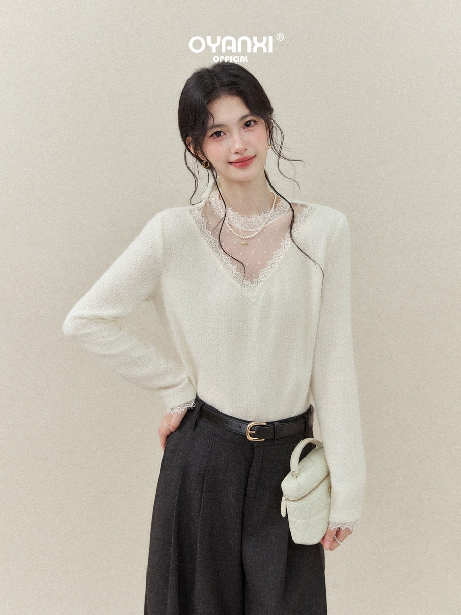 OYANXI レース切り替え Vネック ゆったり 長袖Tシャツ