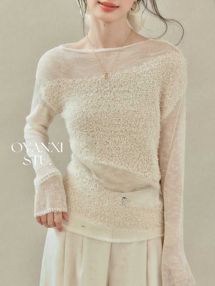 OYANXI 透かし編み 立体切り替え 長袖ニット