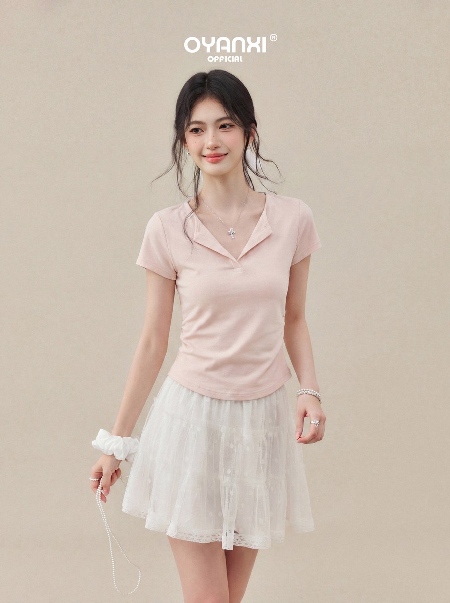 OYANXI ヘンリーネック スリム ショート丈 半袖Tシャツ