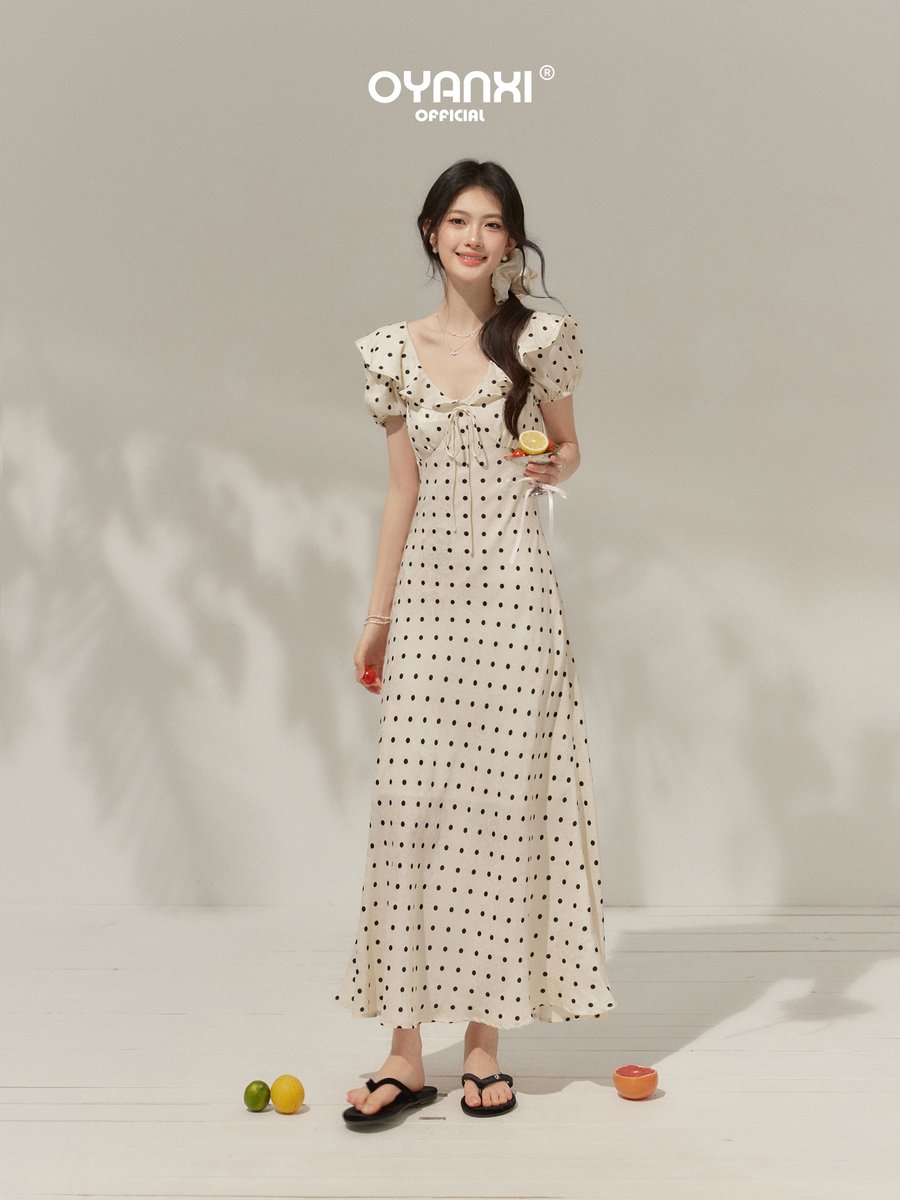 OYANXI ドット柄 Vネック フリル ロングワンピース