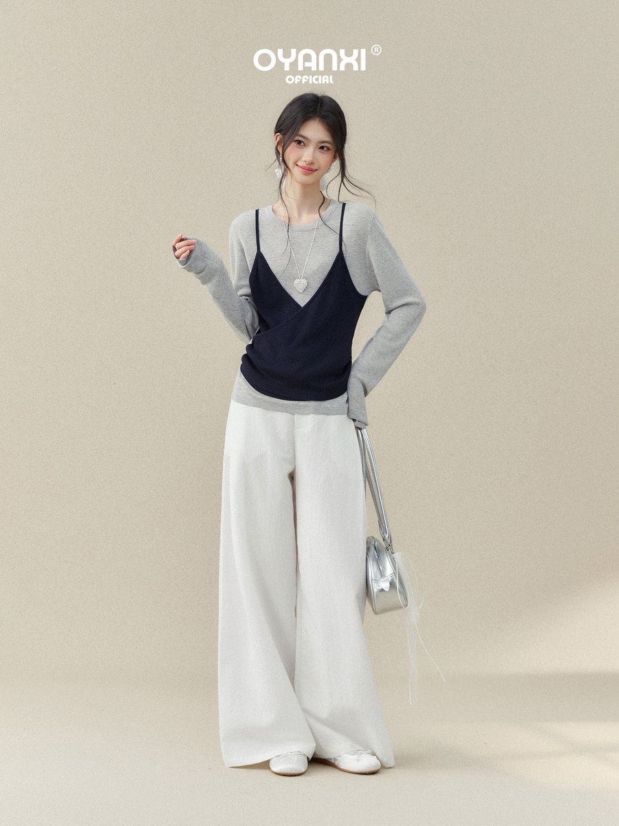 OYANXI キャミレイヤード 丸首 長袖ニット