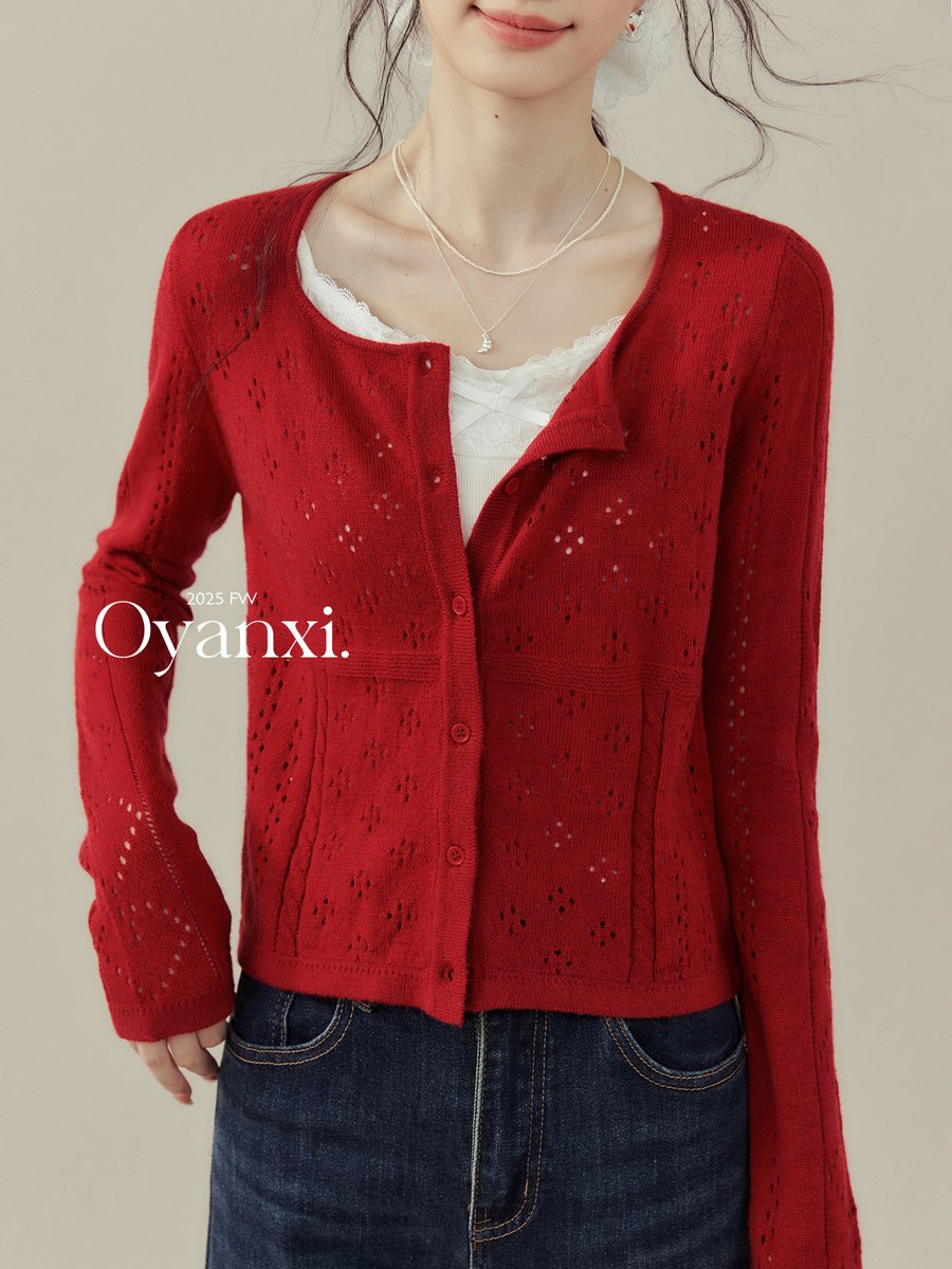 OYANXI 透かし編み ショート丈 ニットカーディガン レッド