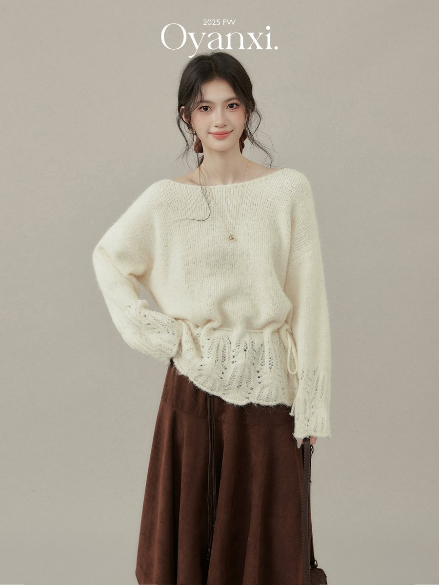 OYANXI レースアップ 透かし編み 長袖ニット