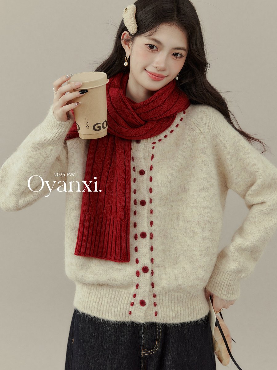 OYANXI レトロ 配色 クルーネック ニットカーディガン
