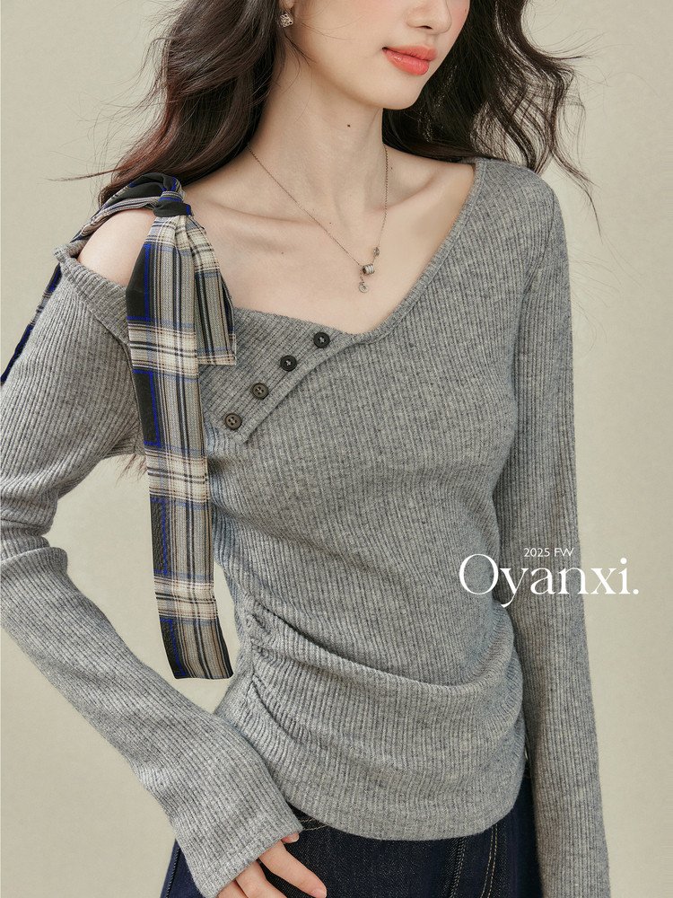 OYANXI リボン アシンメトリーネック ニット長袖Tシャツ