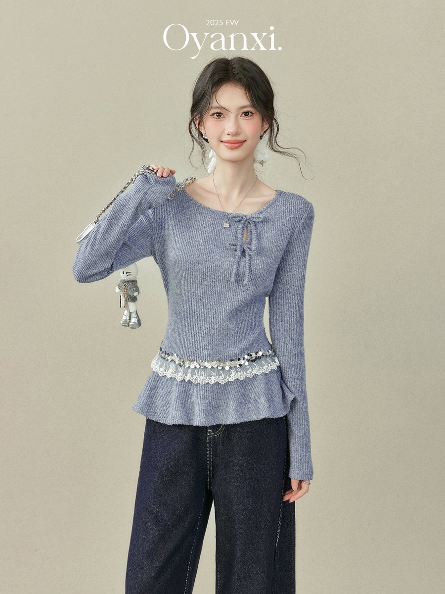OYANXI レース切り替え リボン ニット長袖Tシャツ ブルー